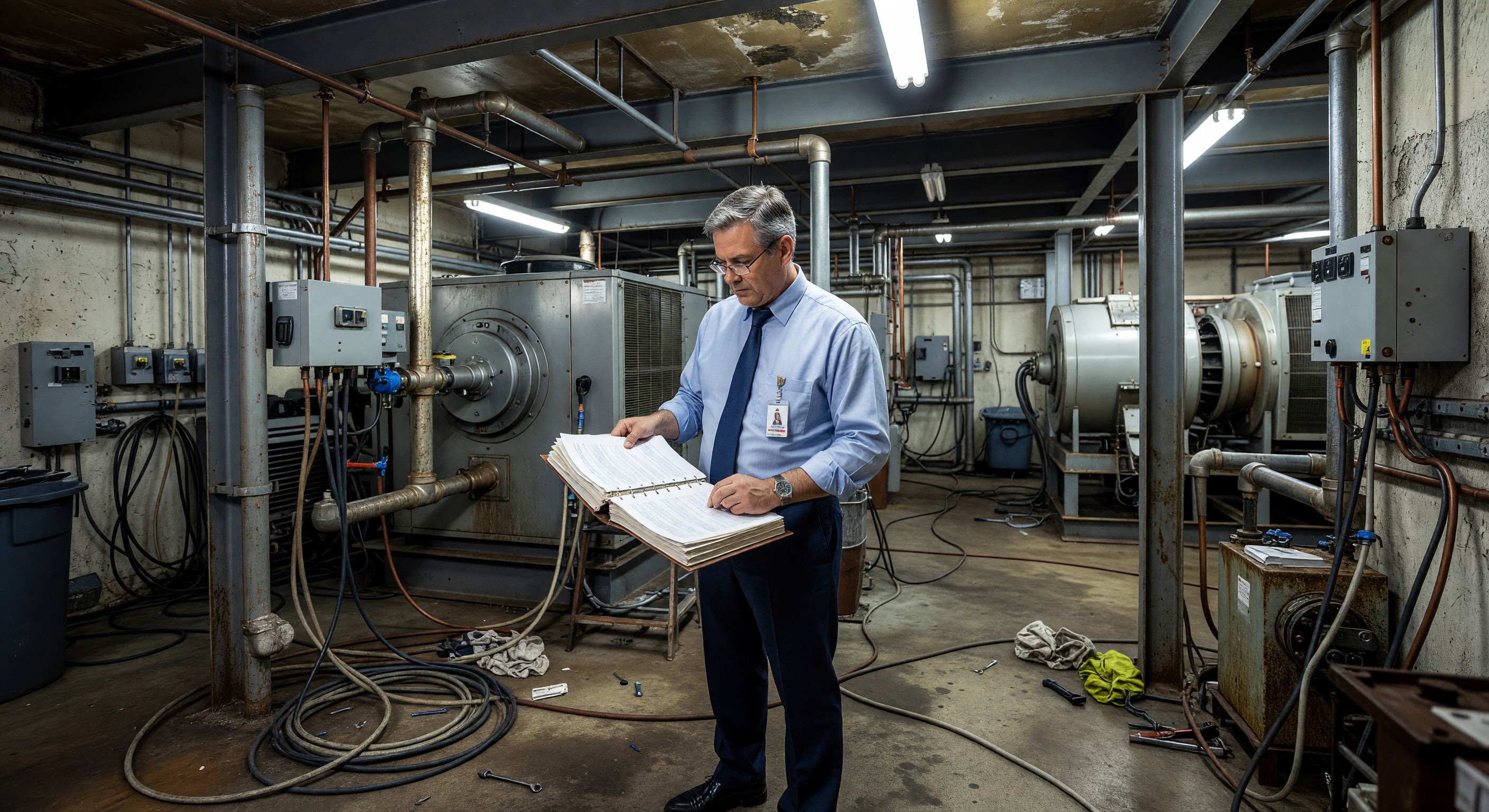 Hospital facility director reviewing compliance documentation in a mechanical room