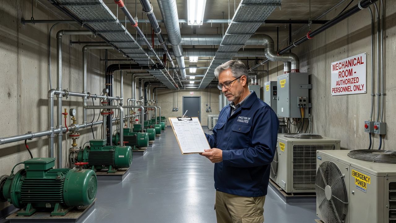 Hospital facility director reviewing compliance documentation in mechanical room corridor
