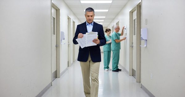 Hospital facility director conducting mock survey rounds with documentation clipboard in clinical corridor