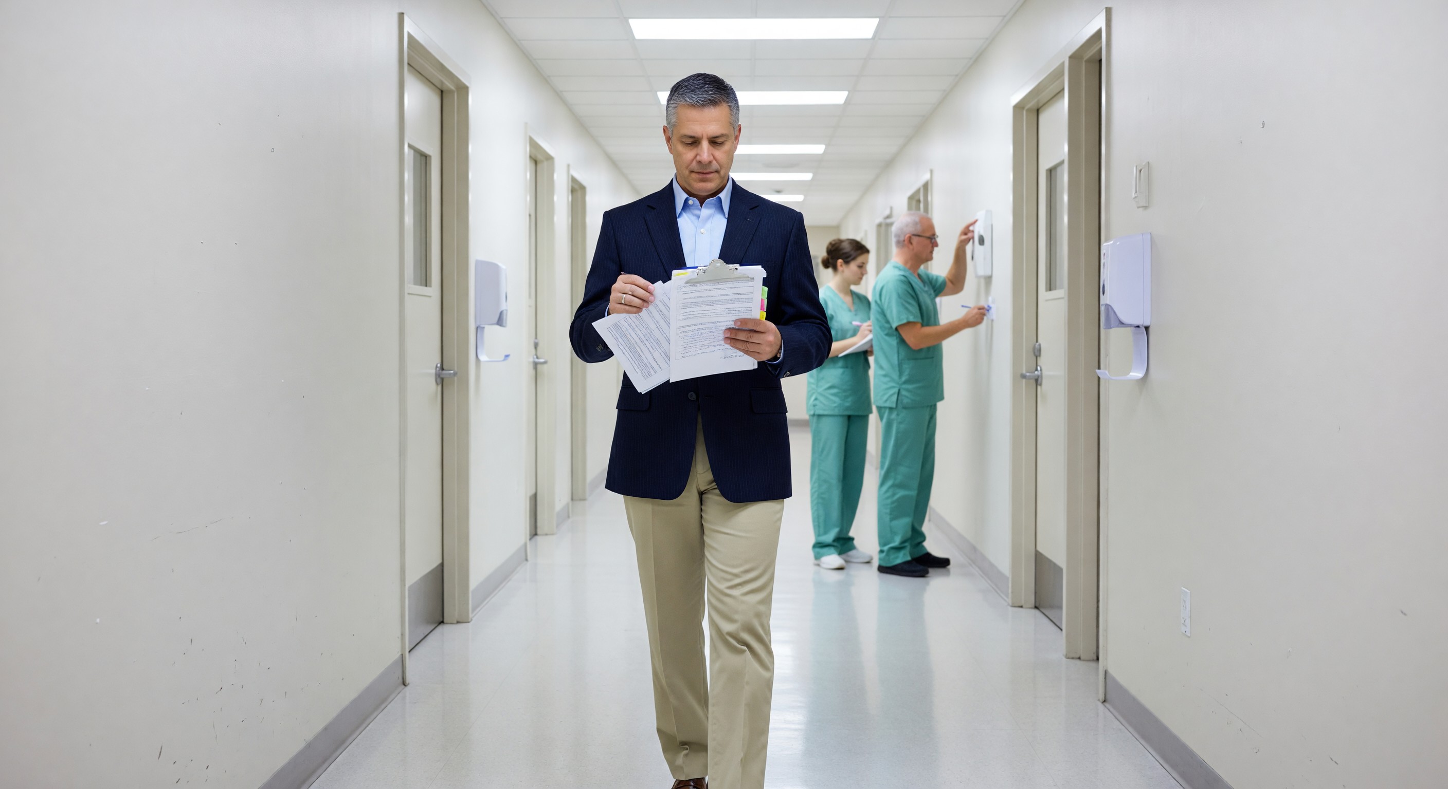 Hospital facility director conducting mock survey rounds with documentation clipboard in clinical corridor