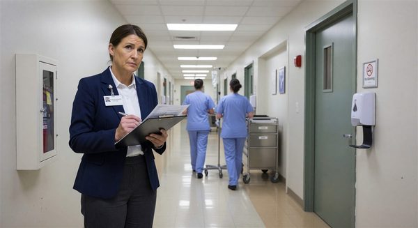 Joint Commission surveyor conducting environment of care tracer assessment in hospital corridor