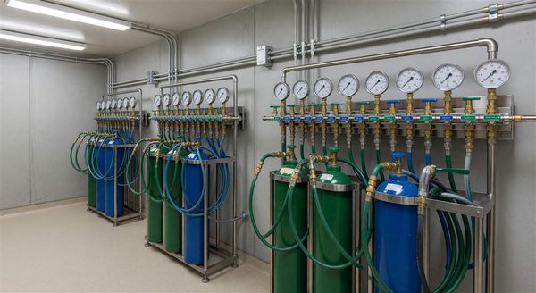 Medical gas manifold room showing oxygen and nitrous oxide supply systems with pressure gauges