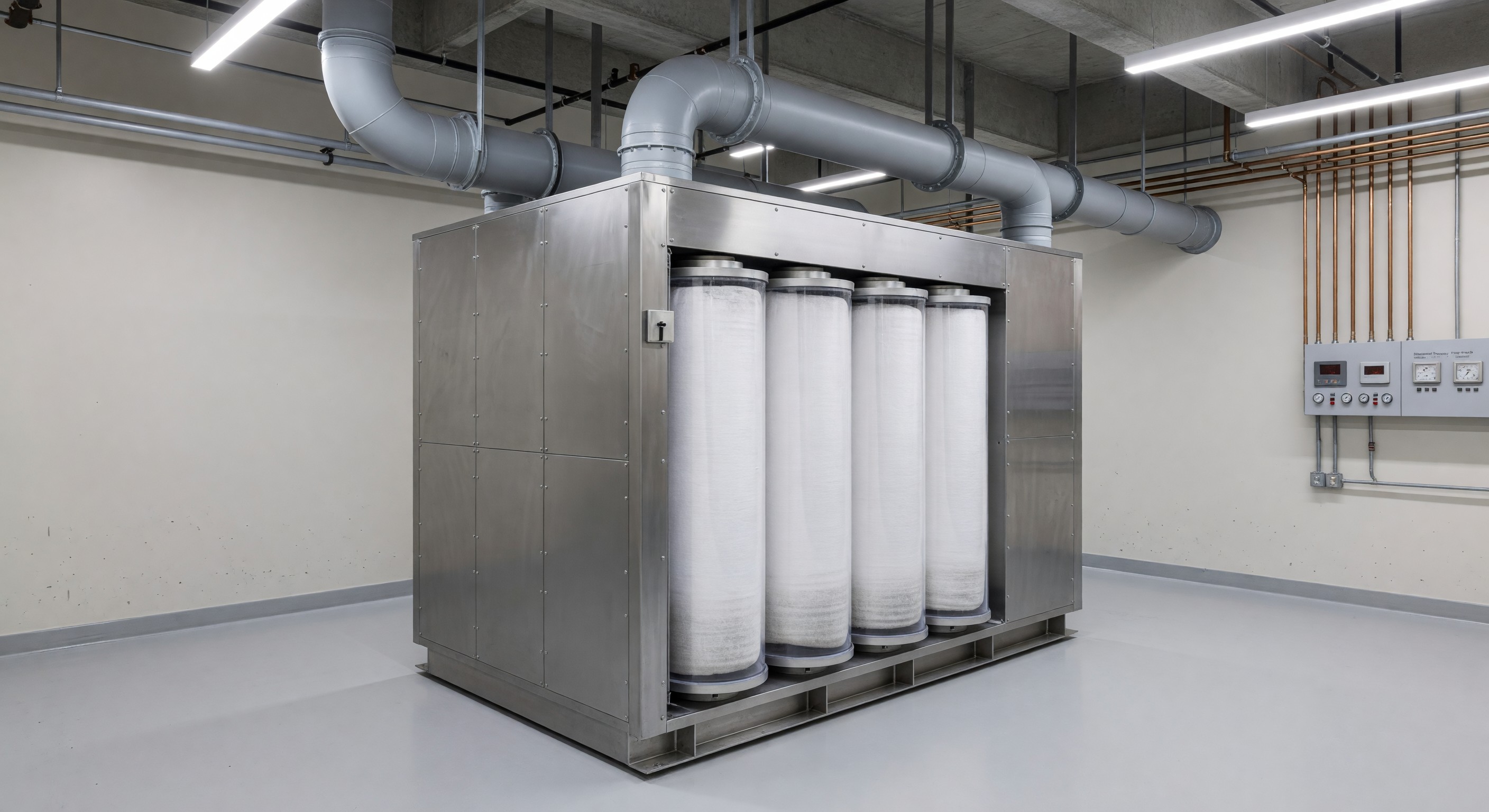 HVAC air handling unit serving a hospital surgical suite with HEPA filtration visible