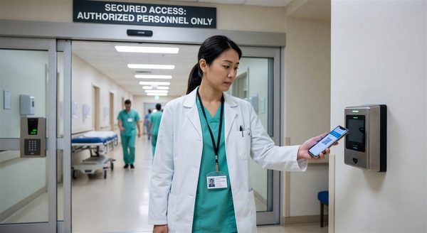 Healthcare worker using smartphone as mobile credential at secured hospital entrance