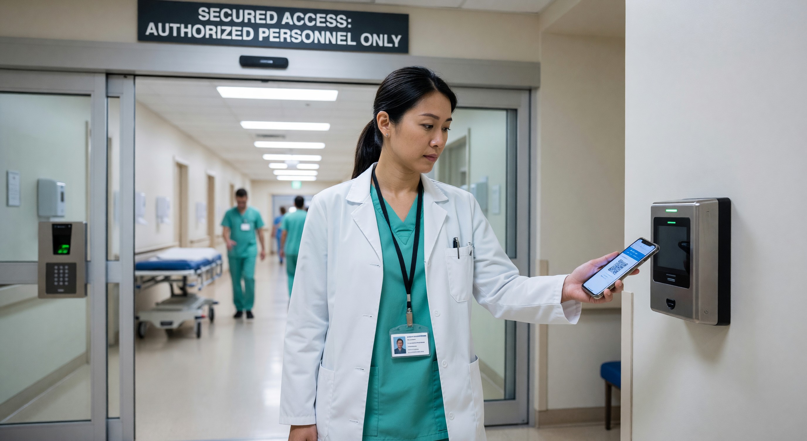 Healthcare worker using smartphone as mobile credential at secured hospital entrance