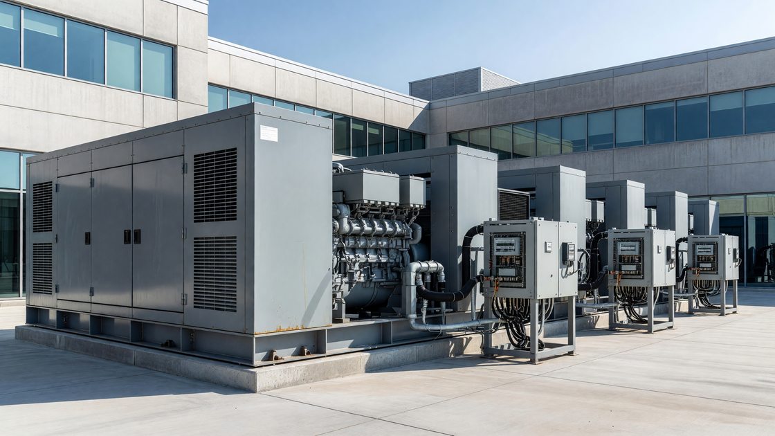 Row of hospital emergency standby diesel generators in an outdoor enclosure connected to electrical distribution equipment