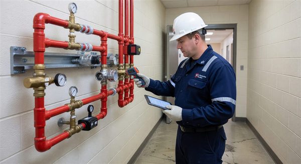 Fire protection technician conducting NFPA 25 inspection of hospital sprinkler system components