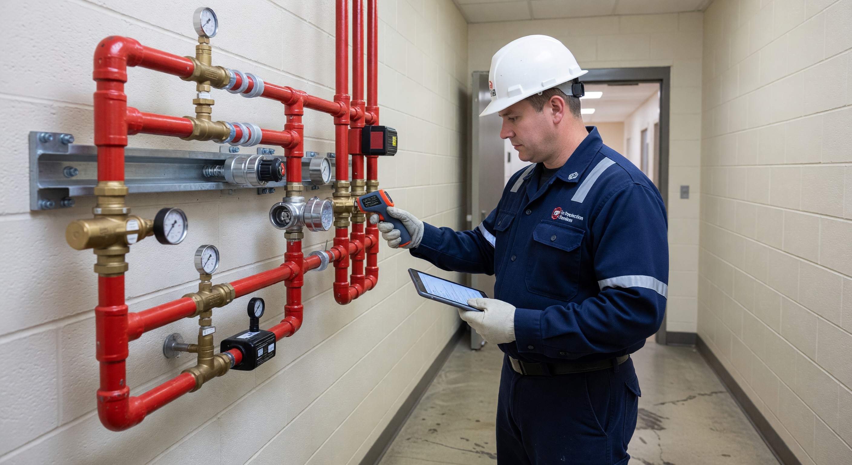 Fire protection technician conducting NFPA 25 inspection of hospital sprinkler system components
