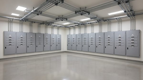 Hospital electrical room with panelboards, conduit runs and labelled distribution equipment