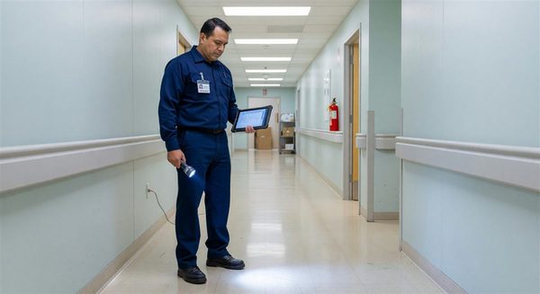 Hospital safety officer conducting workplace safety inspection in a clinical corridor