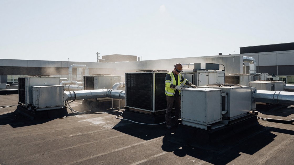 Rooftop HVAC technician working beside mechanical equipment on a hospital roof during summer heat
