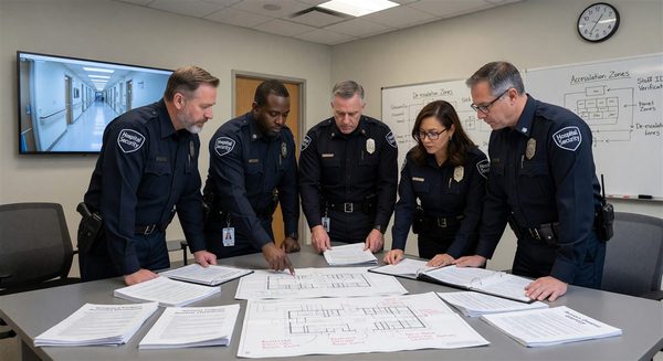 Hospital security team reviewing workplace violence prevention documentation and access control plans