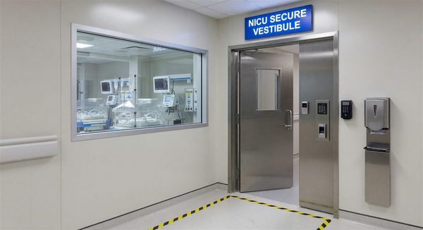 Secure entry vestibule for hospital neonatal intensive care unit with access control system