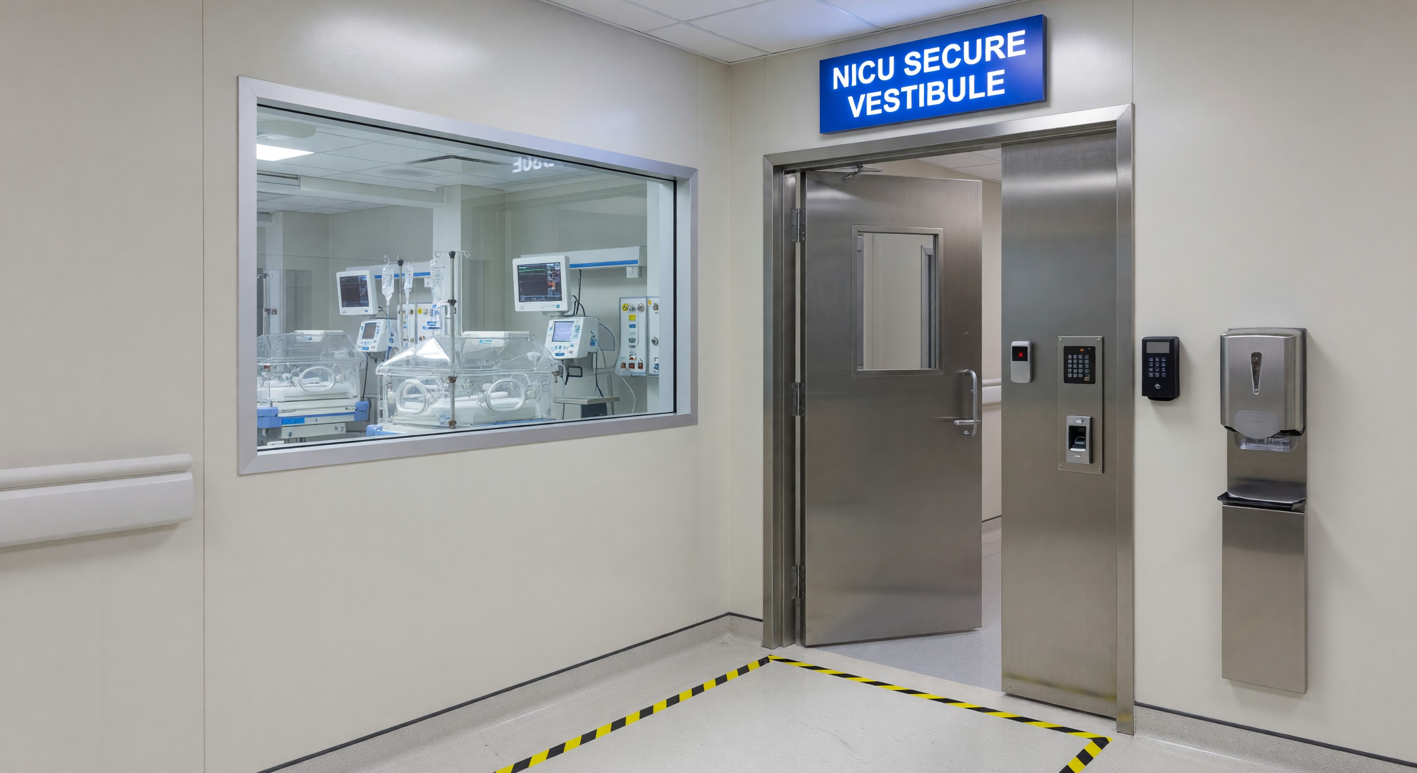 Secure entry vestibule for hospital neonatal intensive care unit with access control system