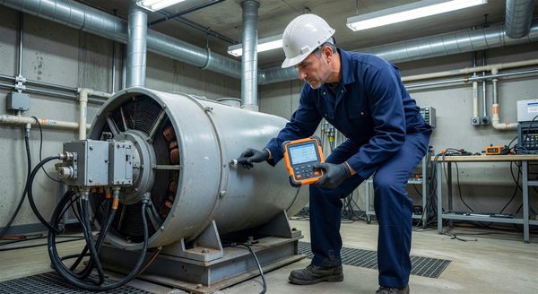 Maintenance technician using handheld vibration analyzer on hospital HVAC motor