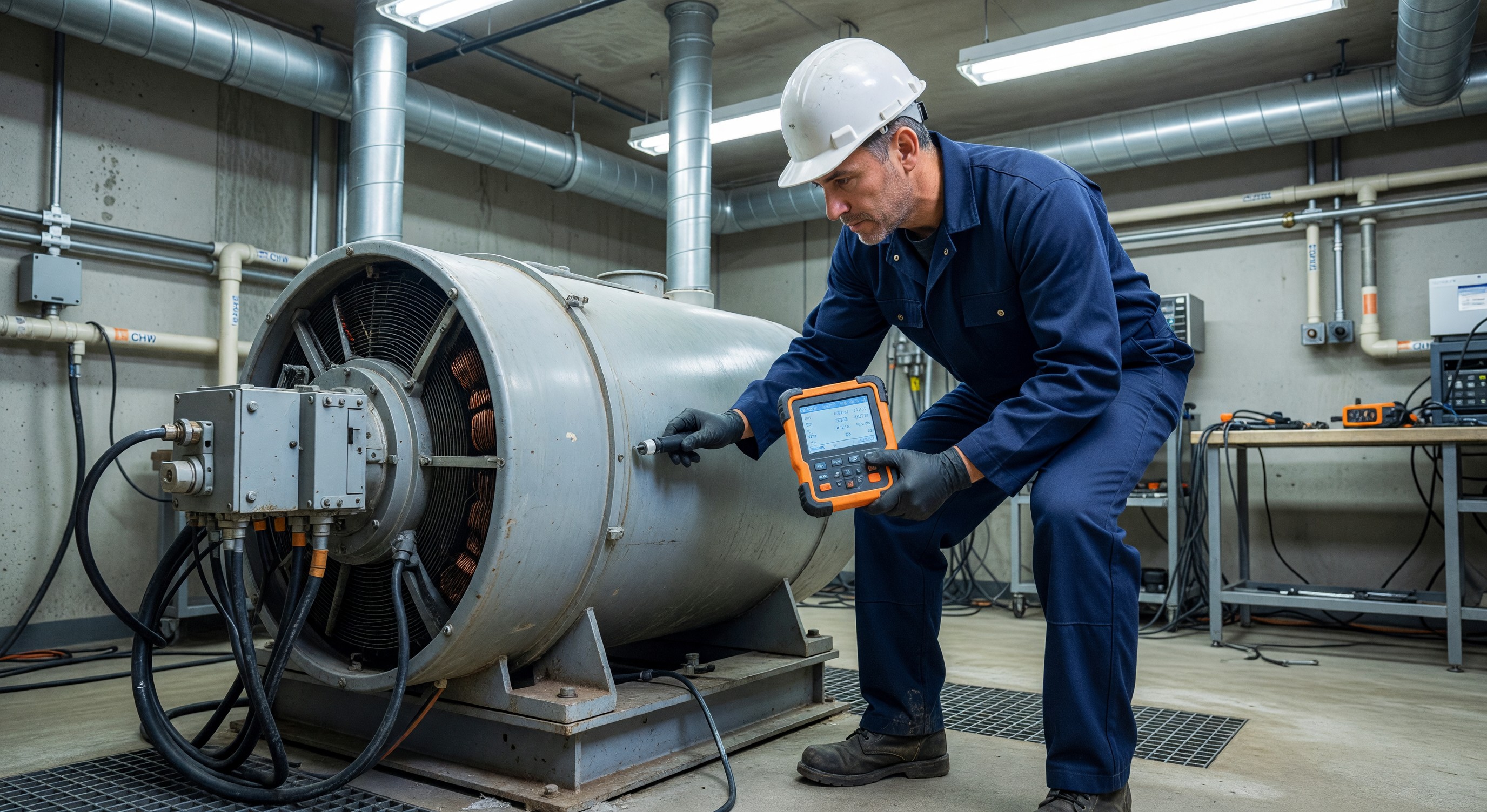 Maintenance technician using handheld vibration analyzer on hospital HVAC motor