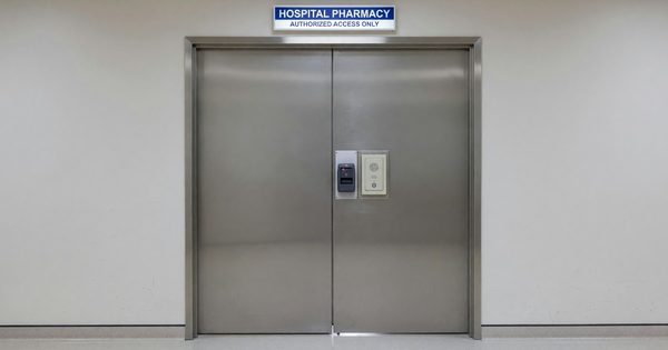 Secured double door entry to hospital pharmacy with card reader and intercom panel