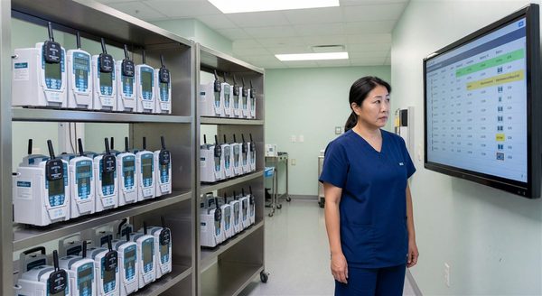 Hospital equipment room with RTLS-tagged IV pumps and nurse reviewing asset tracking dashboard