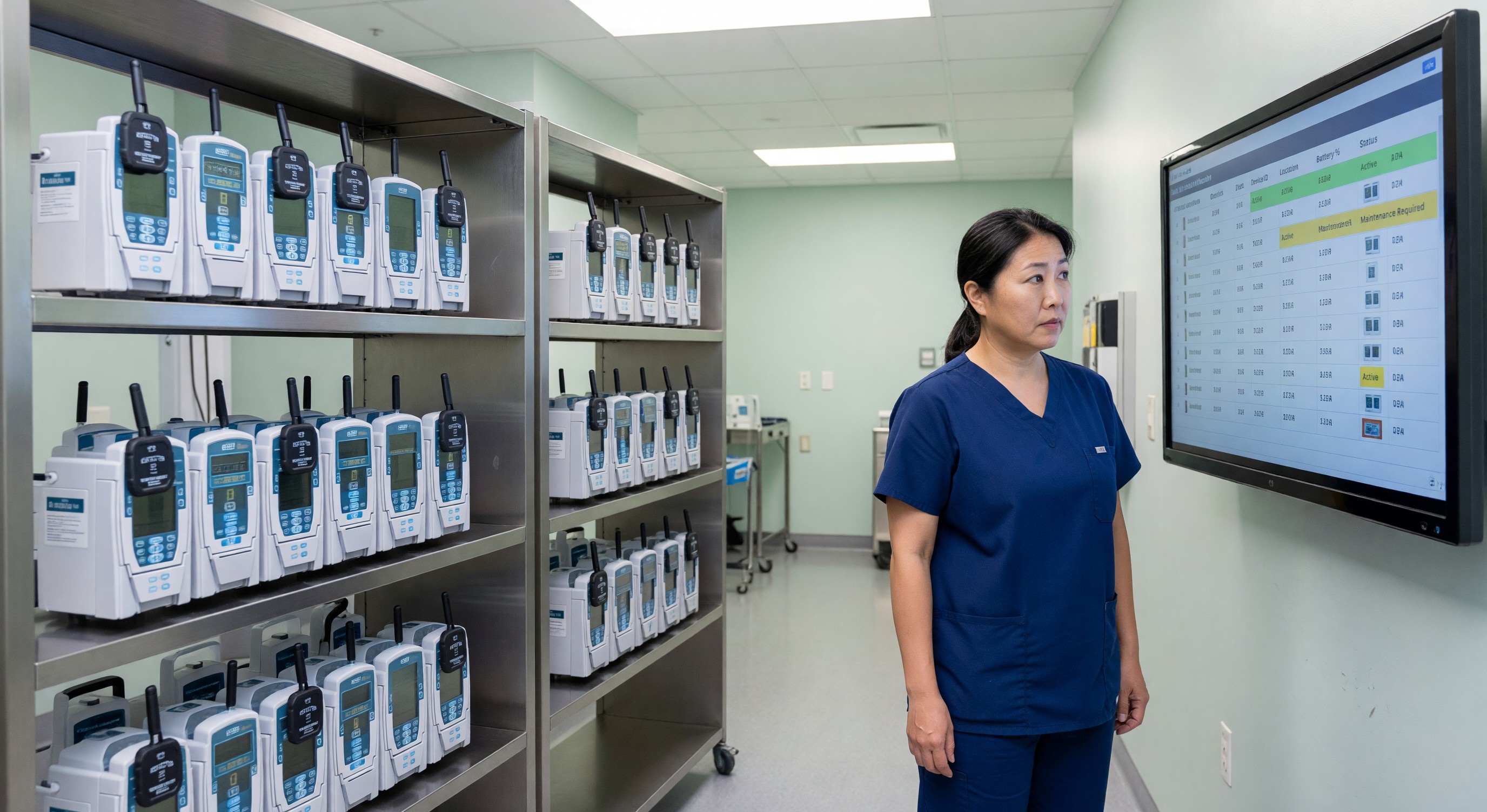 Hospital equipment room with RTLS-tagged IV pumps and nurse reviewing asset tracking dashboard