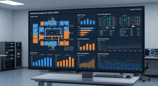 Building management system dashboard showing hospital campus HVAC, power, and environmental data