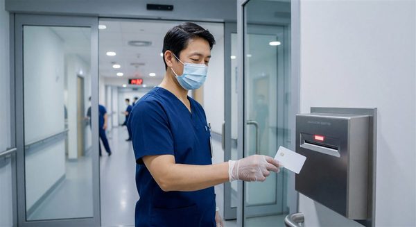 Healthcare worker presenting smart card credential to encrypted card reader at secure clinical entrance