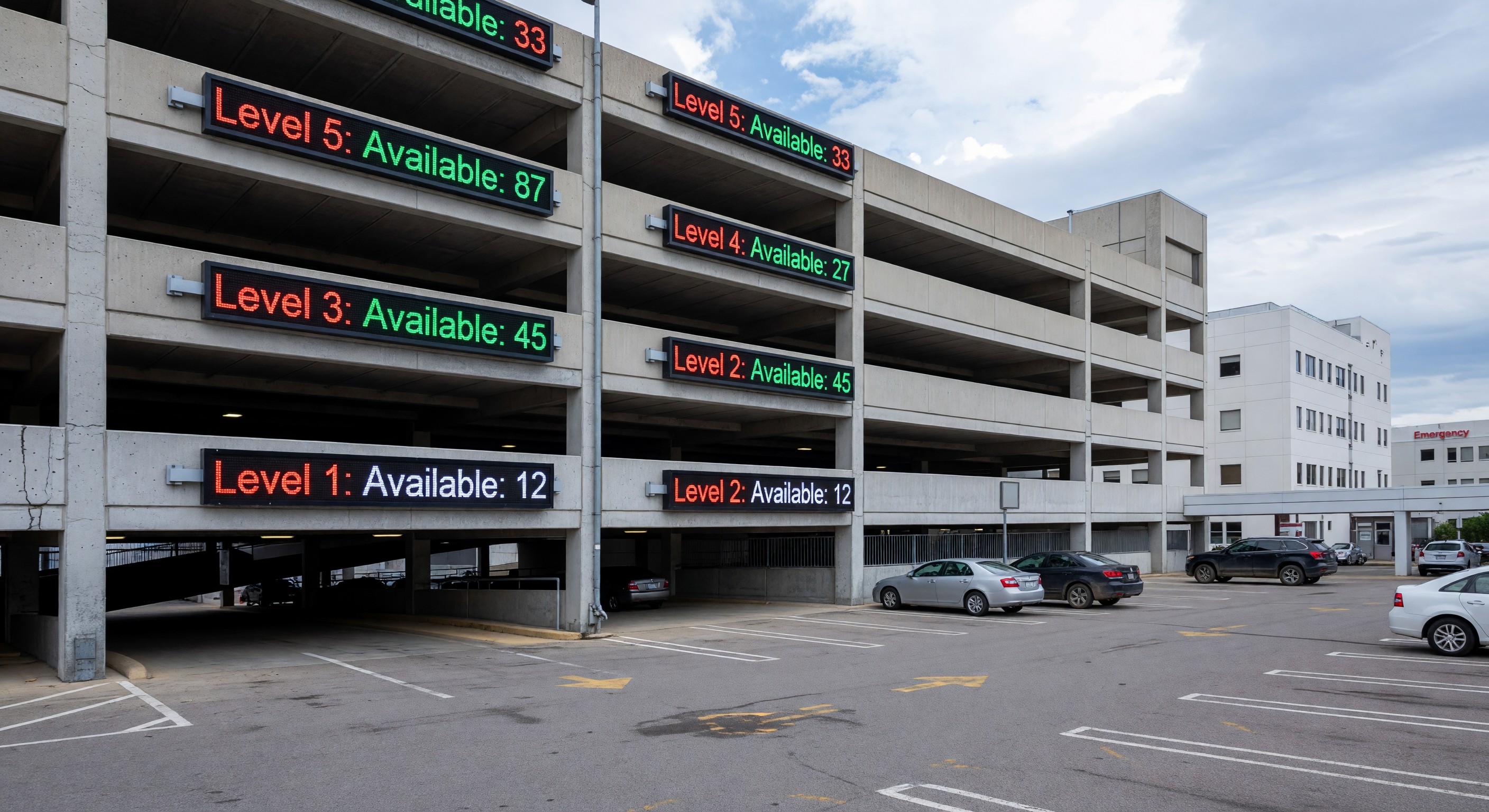 Hospital parking structure with dynamic space availability displays at each level showing available count