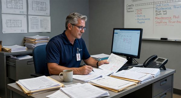 Hospital facilities manager reviewing maintenance schedules and staffing plans in facility office