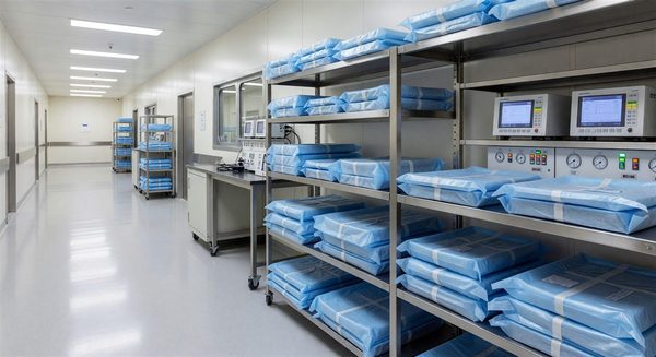 Hospital sterile processing department clean side showing wrapped instrument trays and monitoring equipment