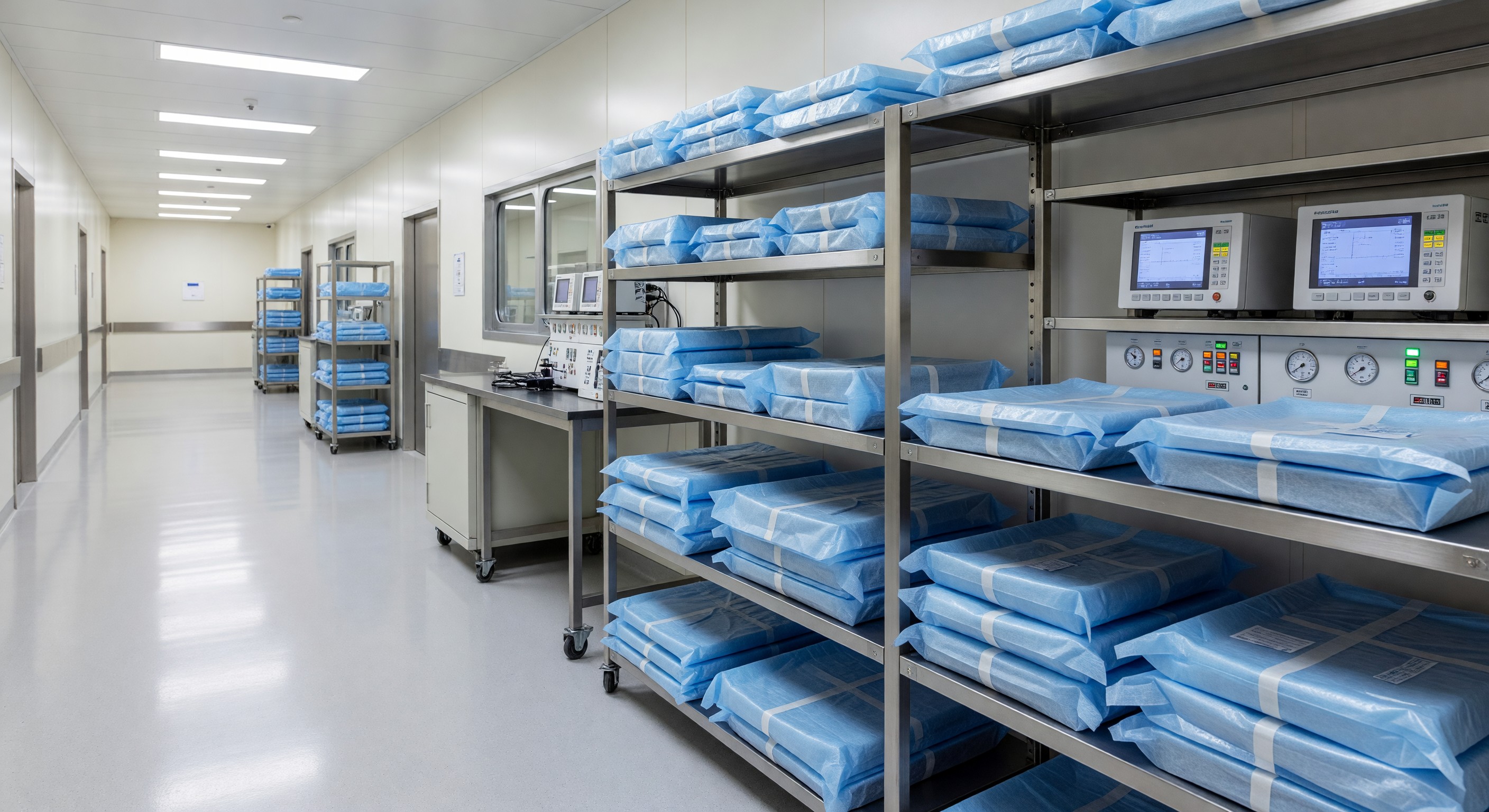 Hospital sterile processing department clean side showing wrapped instrument trays and monitoring equipment