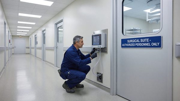 Hospital HVAC technician checking a digital pressure monitor outside a surgical suite door