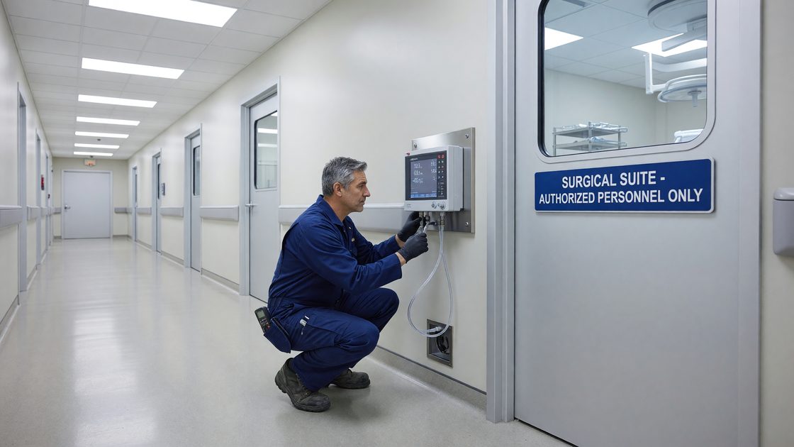 Hospital HVAC technician checking a digital pressure monitor outside a surgical suite door