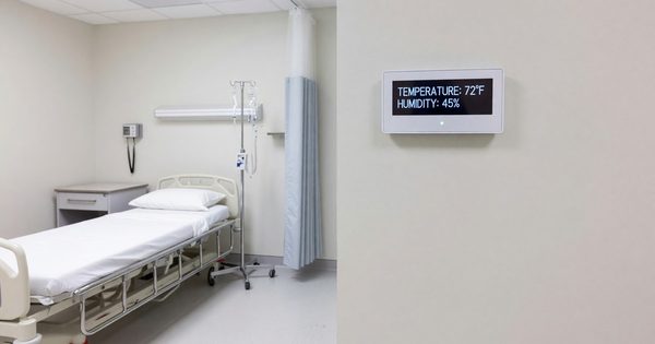 Hospital patient room with wall-mounted temperature display showing compliant range