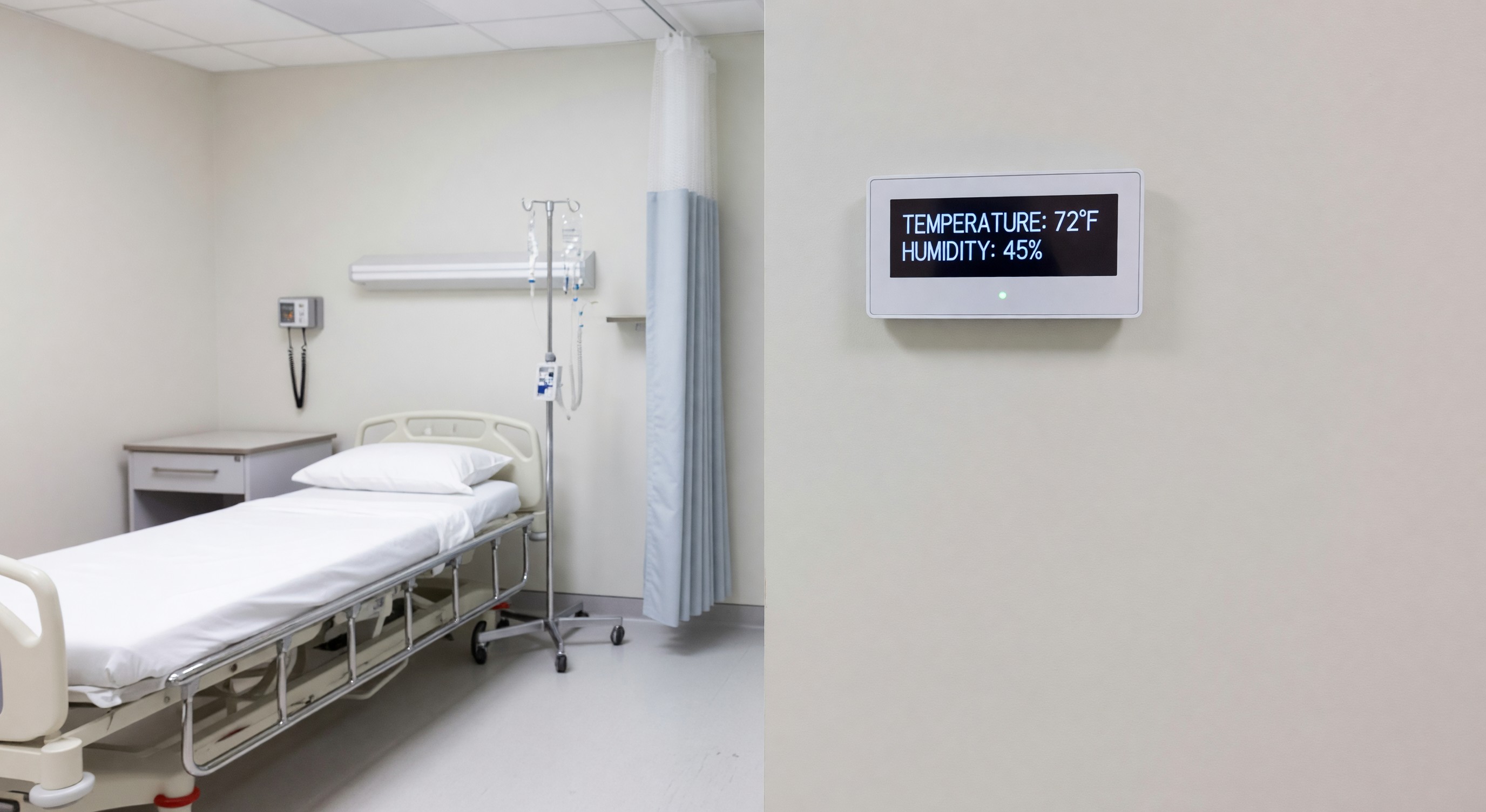 Hospital patient room with wall-mounted temperature display showing compliant range