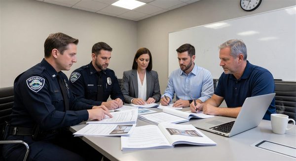 Hospital security and human resources team reviewing incident report in conference room