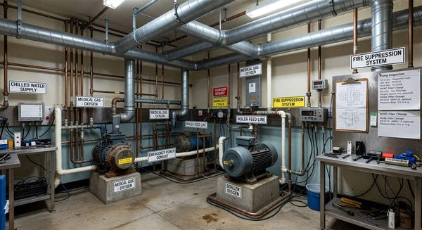 Hospital mechanical room with clearly labeled utility systems and maintenance logs