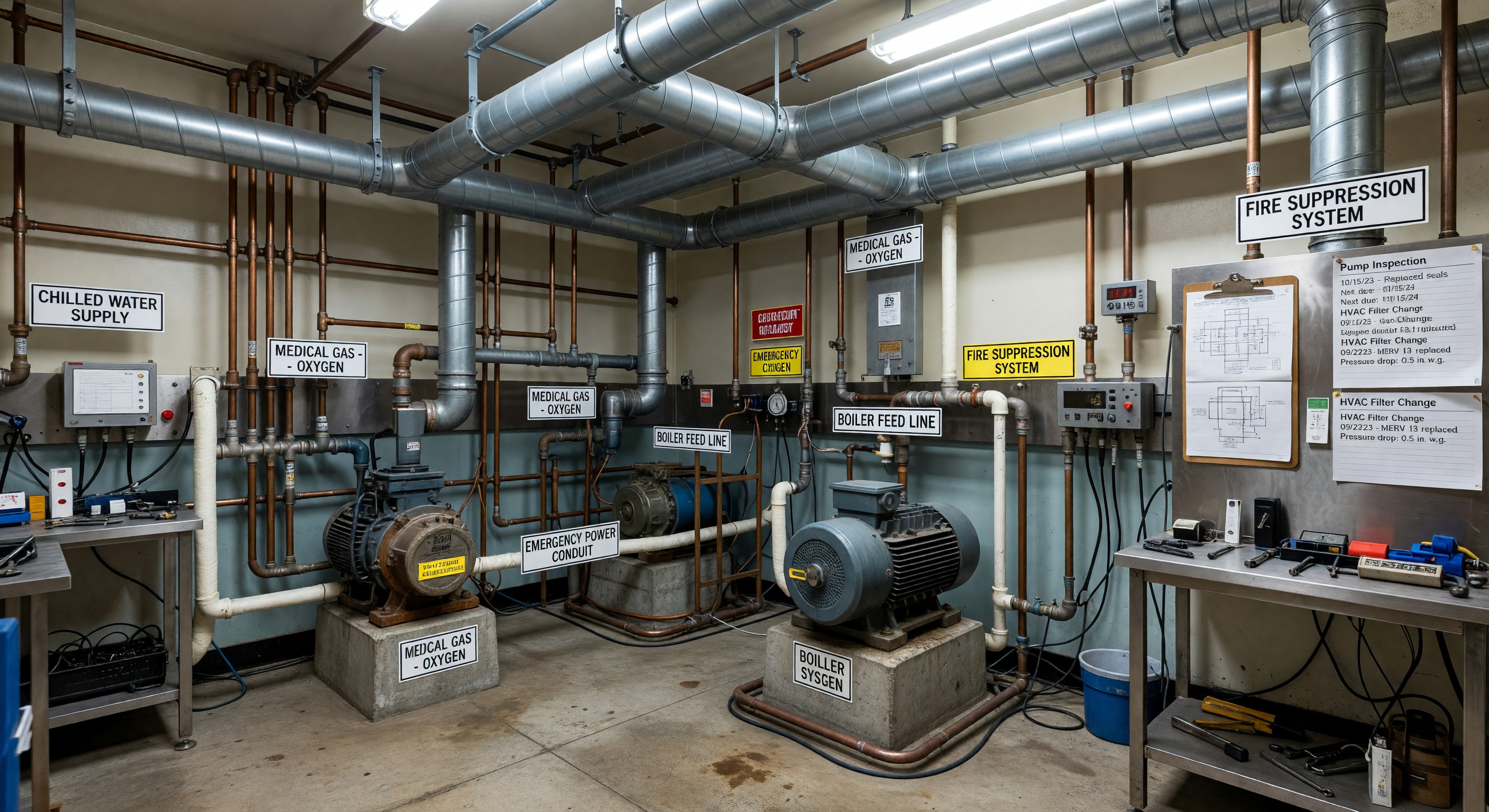 Hospital mechanical room with clearly labeled utility systems and maintenance logs