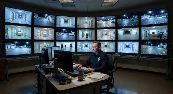 Hospital security control room with multiple video monitors showing campus surveillance feeds