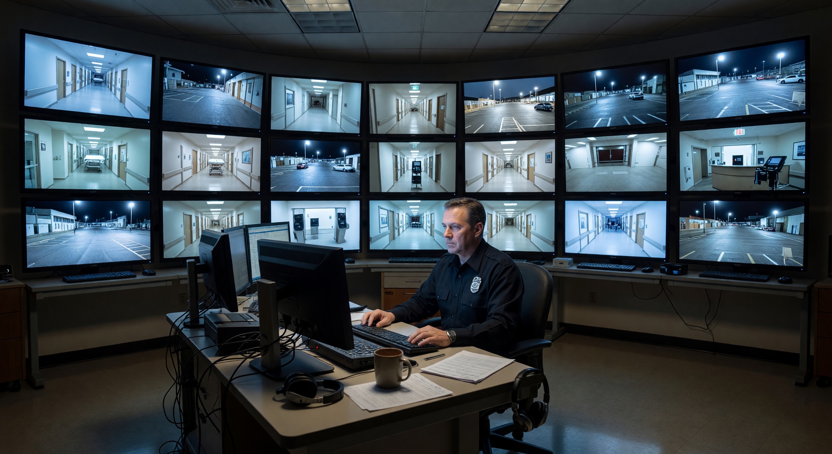 Hospital security control room with multiple video monitors showing campus surveillance feeds