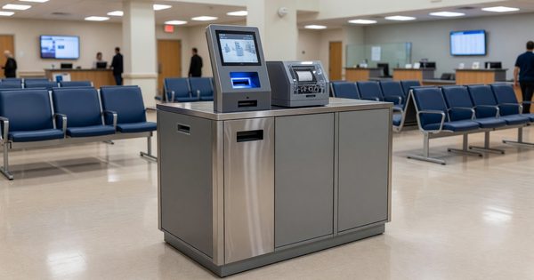 Hospital lobby visitor check-in kiosk with ID scanner and badge printer