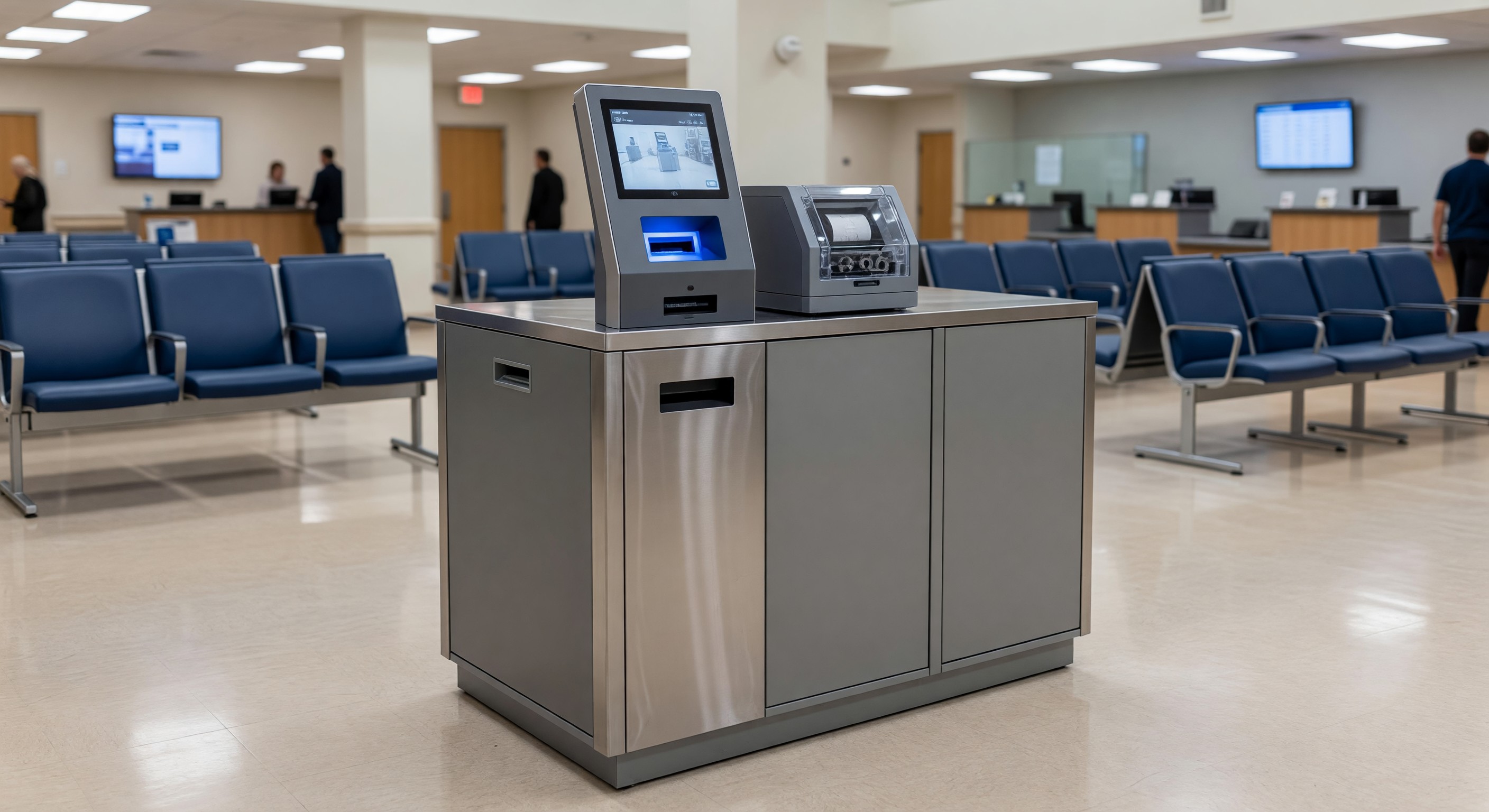 Hospital lobby visitor check-in kiosk with ID scanner and badge printer